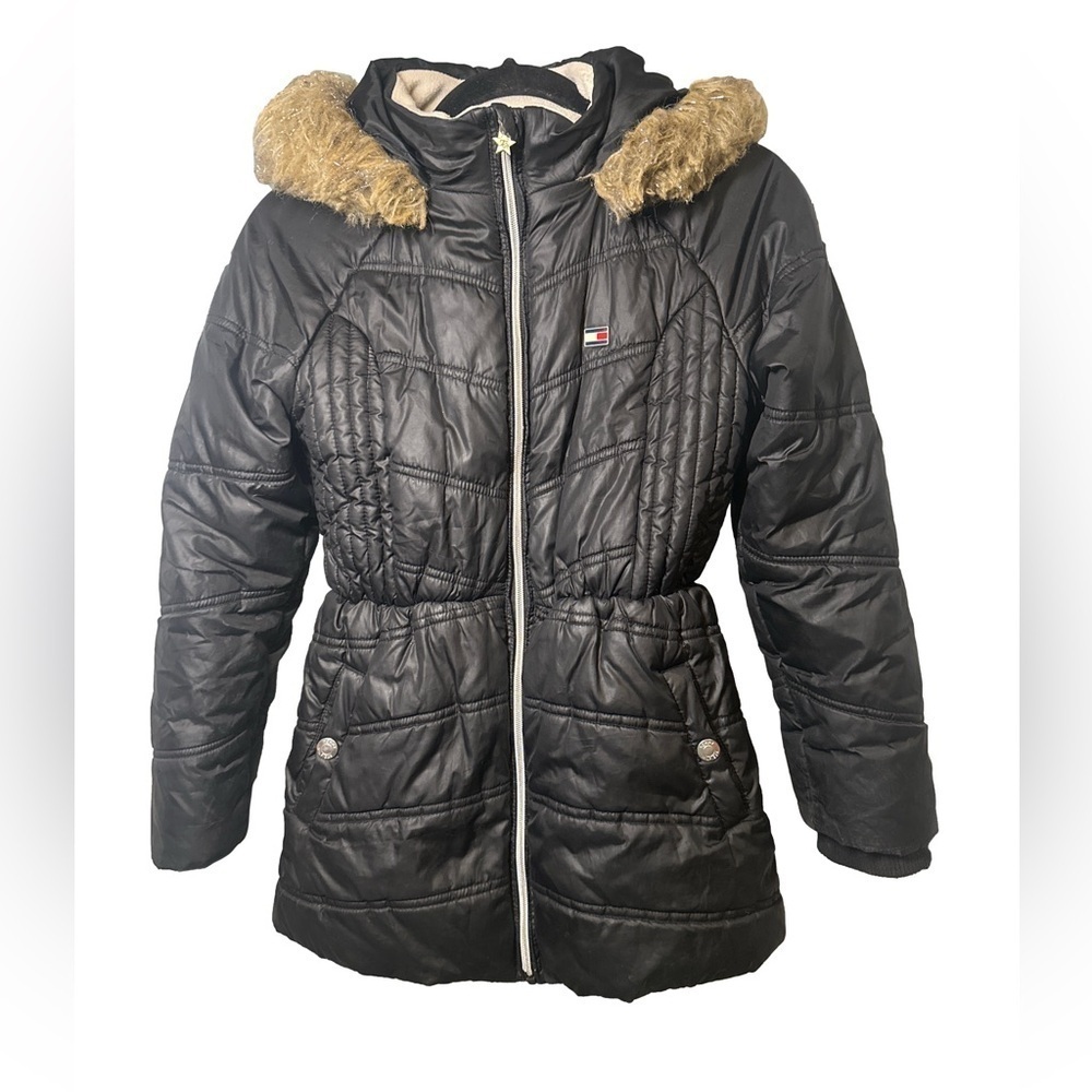 Kids TOMMY HILFIGER Size XL Faux Fur Black Puffer Jacket & Polar Fleece Lining